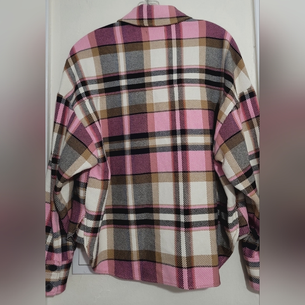 Zara Shacket Womens Size Small Pink Plaid Check Overshirt Oversized Long Sleeve - Picture 11 of 16